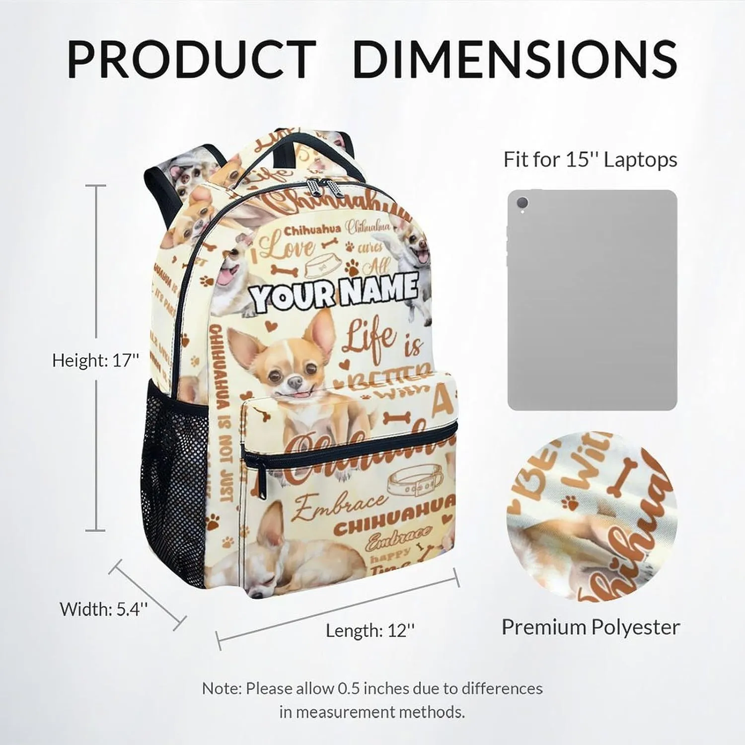 Mercuryelf Backpack for Boys - 17 Inch Dog Bookbag for Primary Middle College - Custom Cute Chihuahua Backpacks for Kids Girls - Children's School Bag