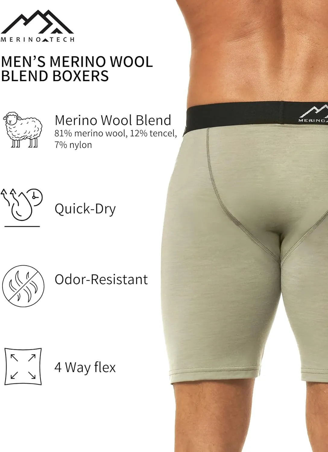 Merino.tech Merino Wool Boxer Briefs Men - Merino Wool Underwear Breathable Dry Fit Comfy Sports Base Layer for Men