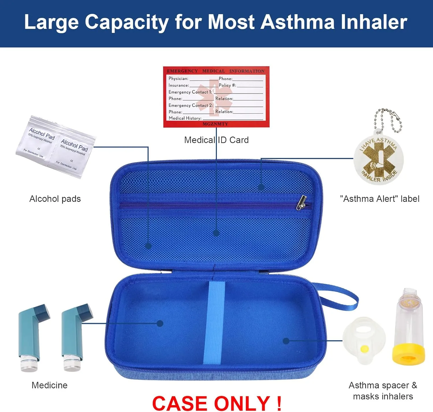 MGZNMTY Travel Carrying Case Compatible with Asthma Inhaler Spacer for Adults and Children, Masks, Inhaler Holder with Asthma Alert Tag and Medical Card, Carabiner (Only Case) (Blue)