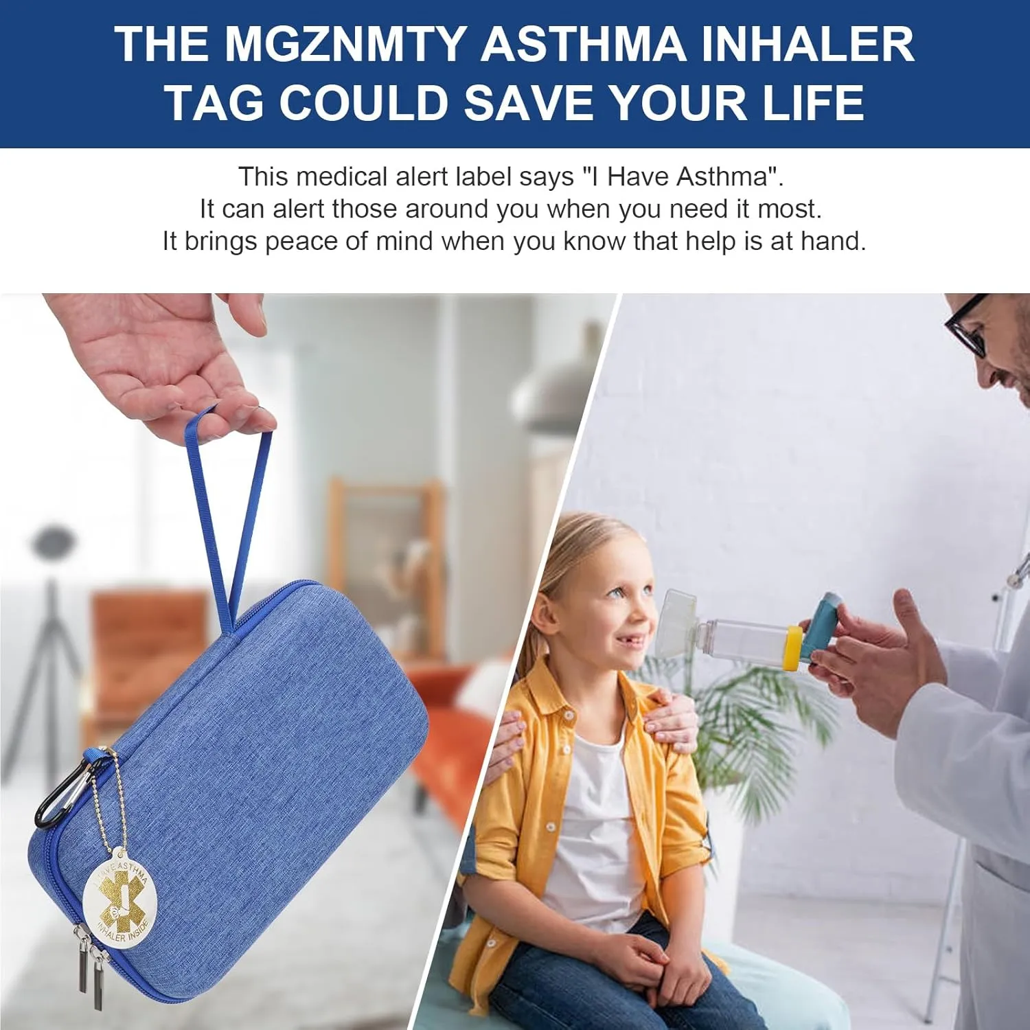 MGZNMTY Travel Carrying Case Compatible with Asthma Inhaler Spacer for Adults and Children, Masks, Inhaler Holder with Asthma Alert Tag and Medical Card, Carabiner (Only Case) (Blue)