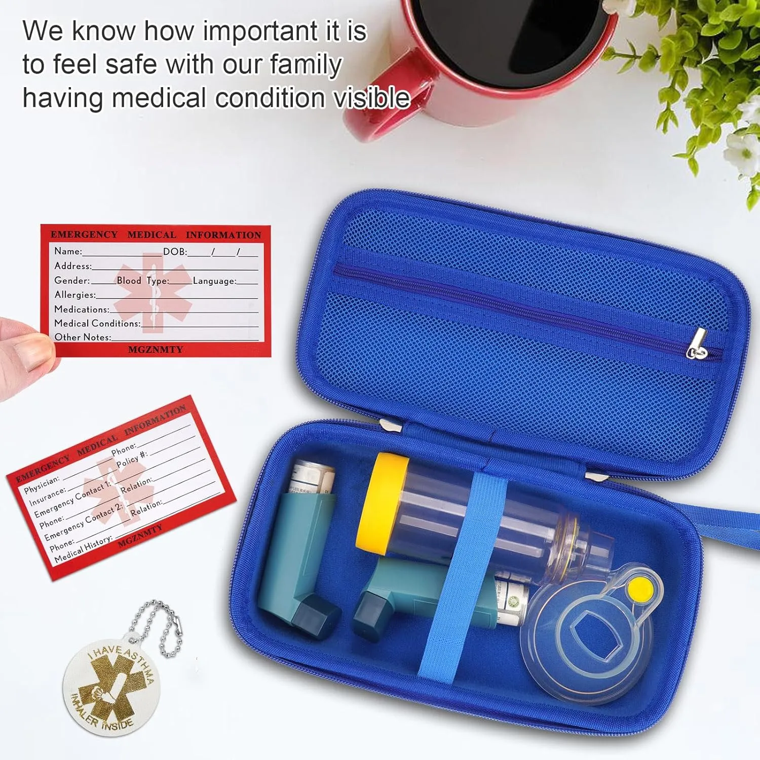 MGZNMTY Travel Carrying Case Compatible with Asthma Inhaler Spacer for Adults and Children, Masks, Inhaler Holder with Asthma Alert Tag and Medical Card, Carabiner (Only Case) (Blue)