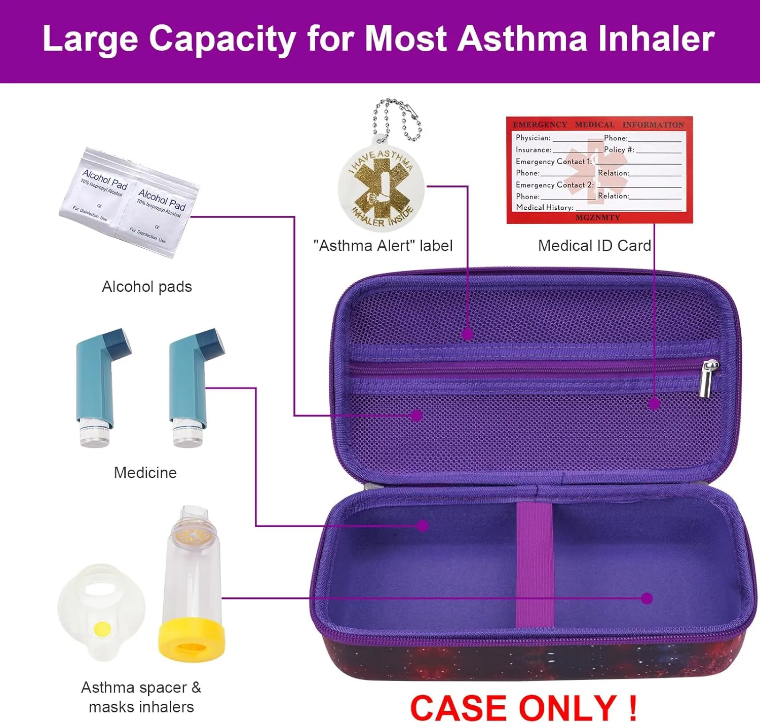 MGZNMTY Travel Carrying Case Compatible with Asthma Inhaler Spacer for Adults and Children, Masks, Inhaler Holder with Asthma Alert Tag and Medical Card, Carabiner (Only Case) (Galaxy)