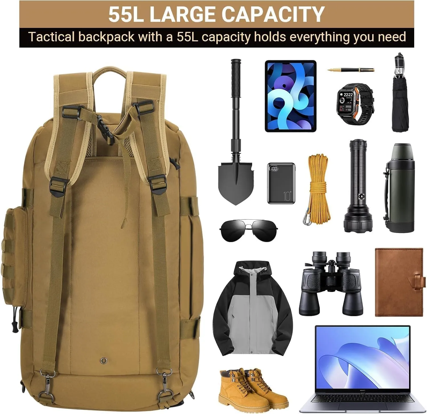 Military Tactical Backpack for Men 55/60L Large Army 5 Day Assault Pack Bags Travel Daypack Military MOLLE Duffel Bag with Shoes Compartment for Trekking EDC Rucksack - Khaki