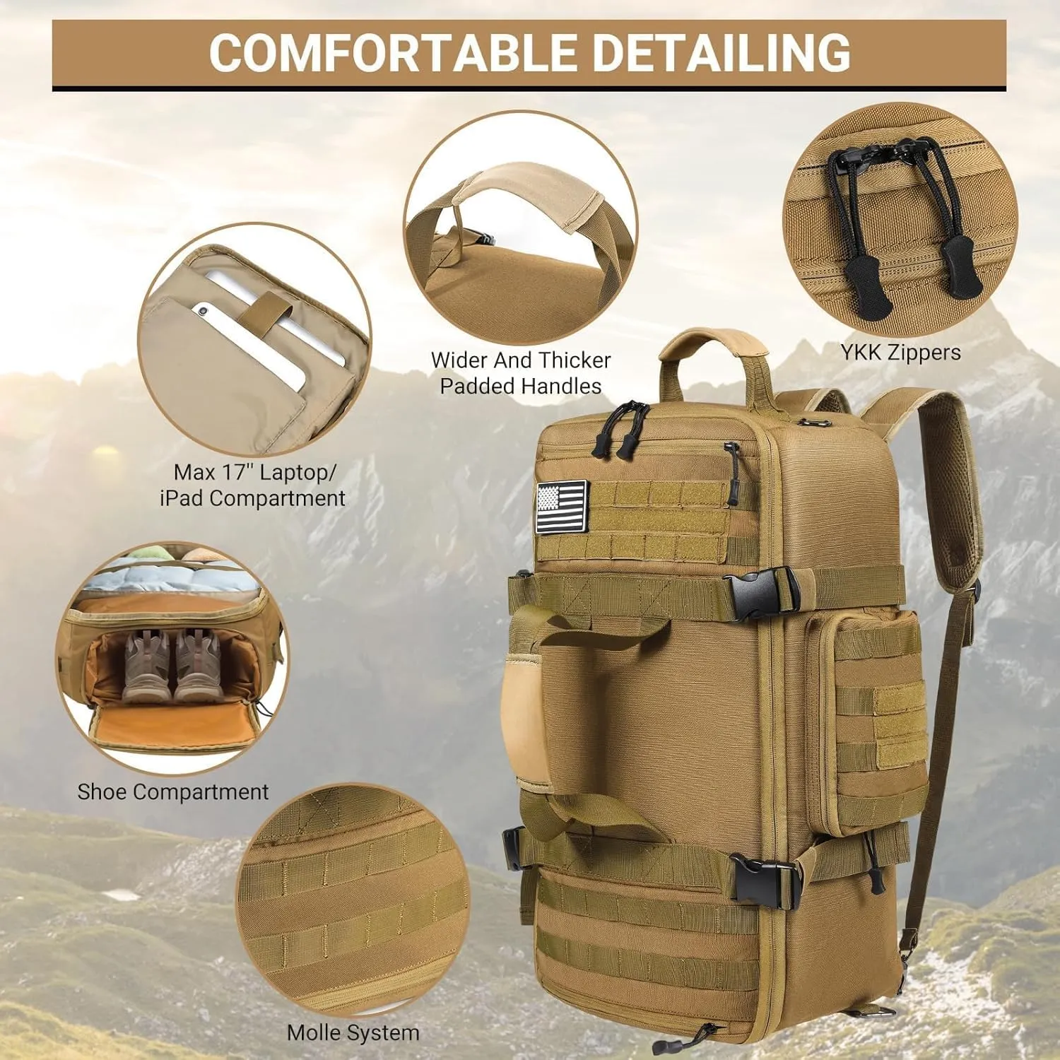 Military Tactical Backpack for Men 55/60L Large Army 5 Day Assault Pack Bags Travel Daypack Military MOLLE Duffel Bag with Shoes Compartment for Trekking EDC Rucksack - Khaki