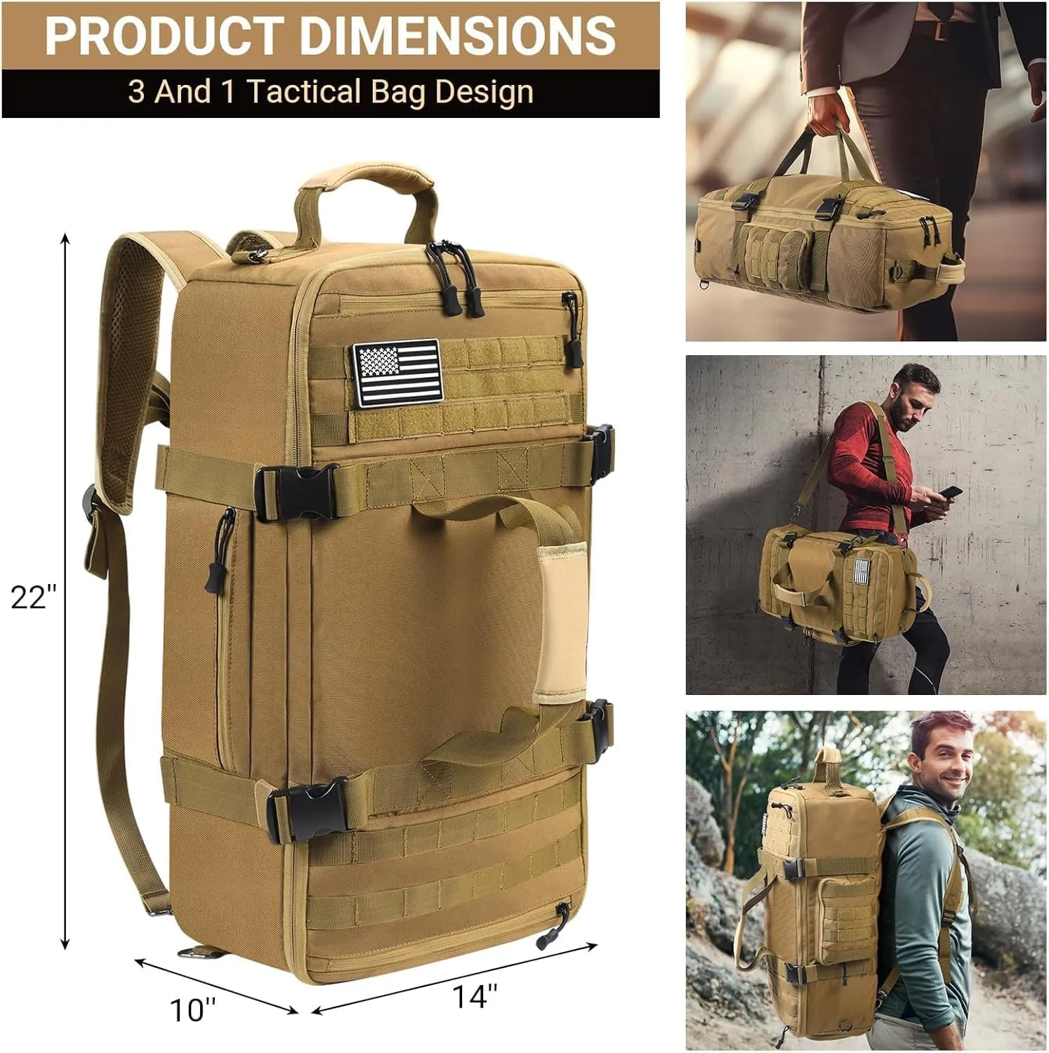 Military Tactical Backpack for Men 55/60L Large Army 5 Day Assault Pack Bags Travel Daypack Military MOLLE Duffel Bag with Shoes Compartment for Trekking EDC Rucksack - Khaki