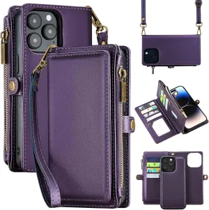MInCYB for iPhone 15 Pro Wallet Case with Card Holder (12 Card Slots) - PU Leather Case for Women & Men, Wireless Charging, Detachable Magnetic, Crossbody Strap, Shockproof Protective Phone Case.