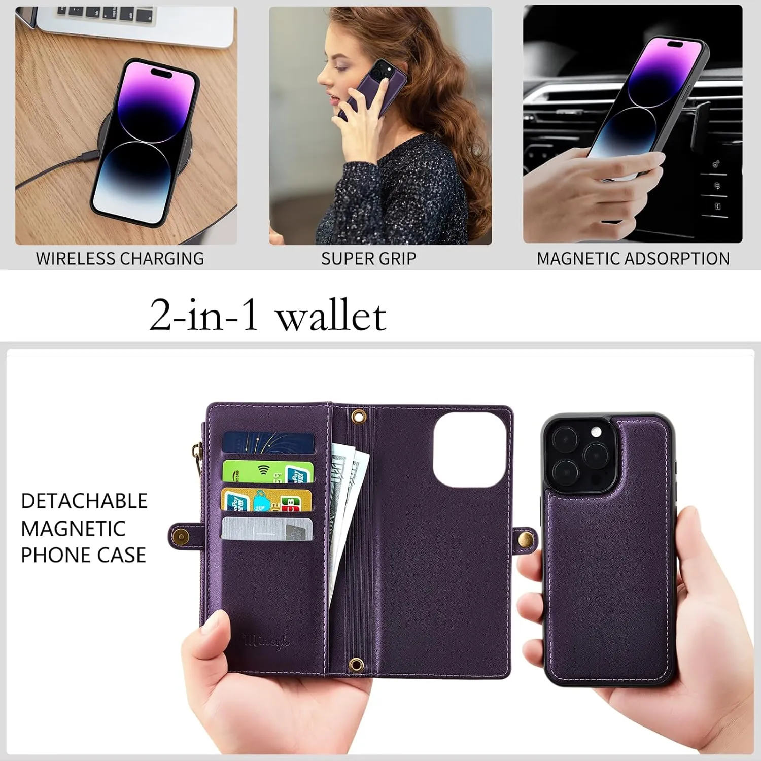 MInCYB for iPhone 15 Pro Wallet Case with Card Holder (12 Card Slots) - PU Leather Case for Women & Men, Wireless Charging, Detachable Magnetic, Crossbody Strap, Shockproof Protective Phone Case.