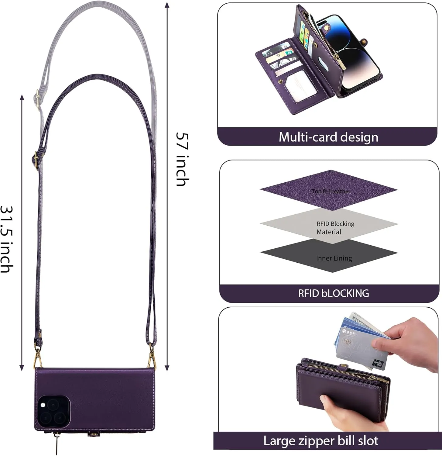 MInCYB for iPhone 15 Pro Wallet Case with Card Holder (12 Card Slots) - PU Leather Case for Women & Men, Wireless Charging, Detachable Magnetic, Crossbody Strap, Shockproof Protective Phone Case.