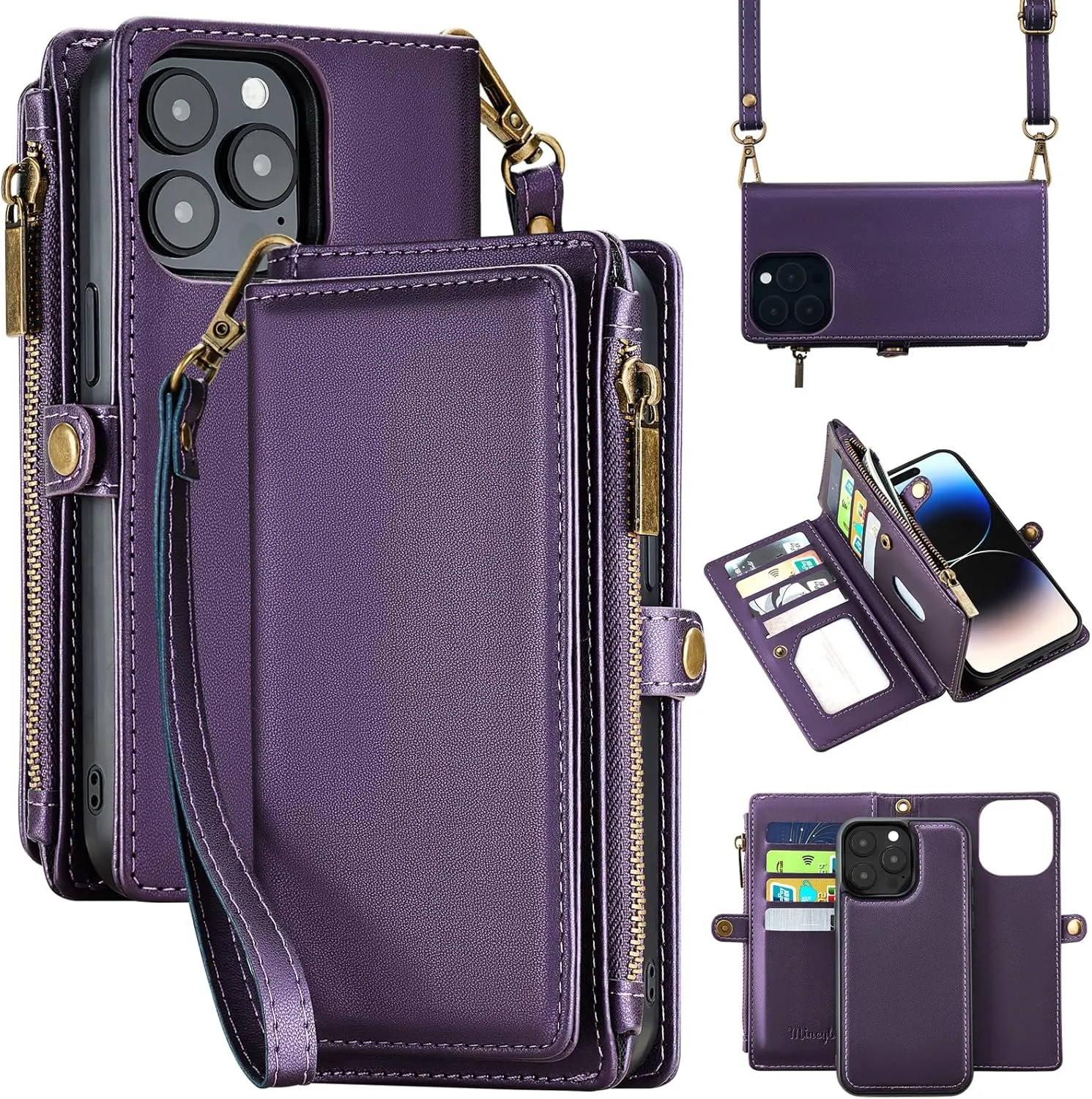 MInCYB for iPhone 15 Pro Wallet Case with Card Holder (12 Card Slots) - PU Leather Case for Women & Men, Wireless Charging, Detachable Magnetic, Crossbody Strap, Shockproof Protective Phone Case.