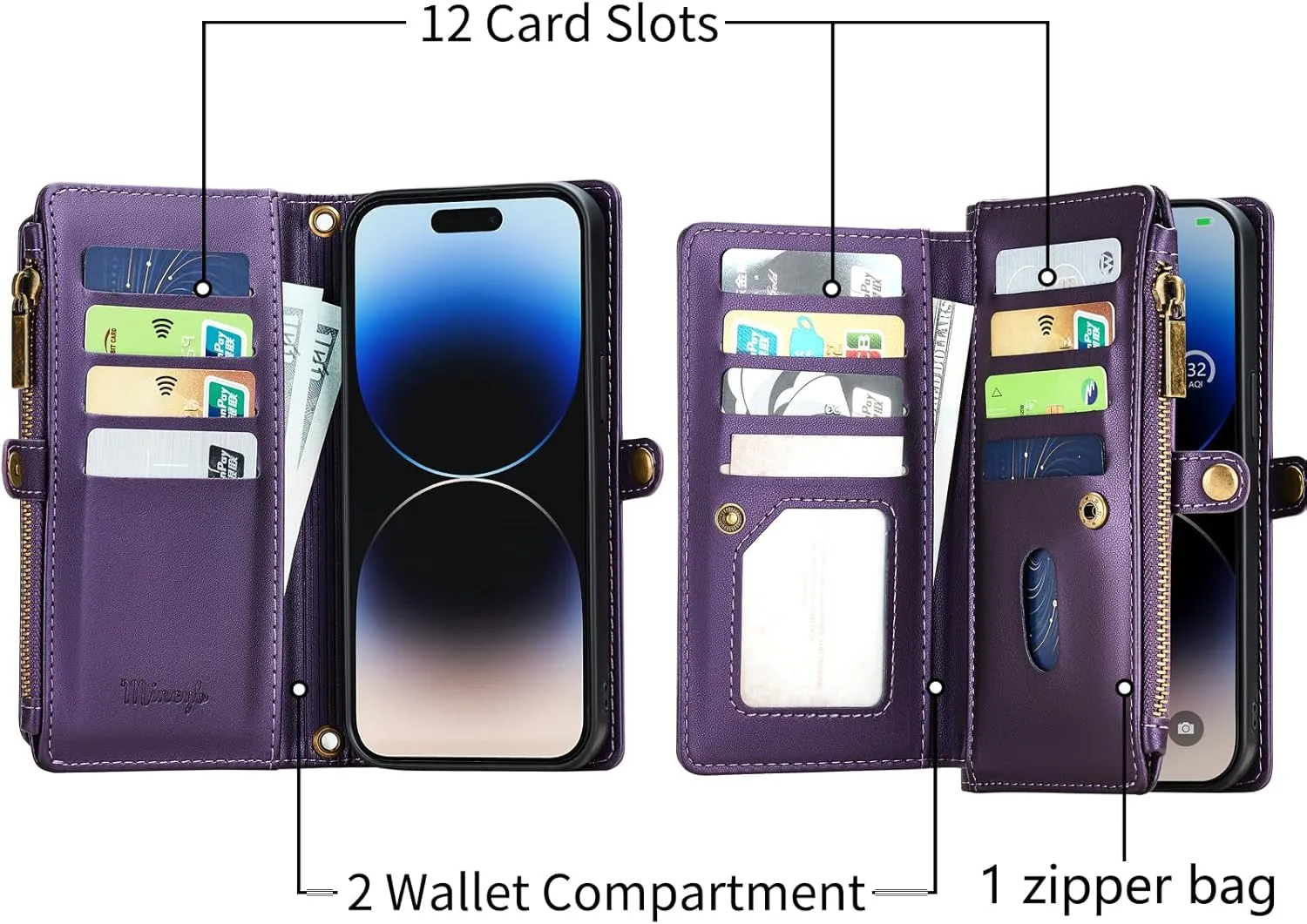 MInCYB for iPhone 15 Pro Wallet Case with Card Holder (12 Card Slots) - PU Leather Case for Women & Men, Wireless Charging, Detachable Magnetic, Crossbody Strap, Shockproof Protective Phone Case.