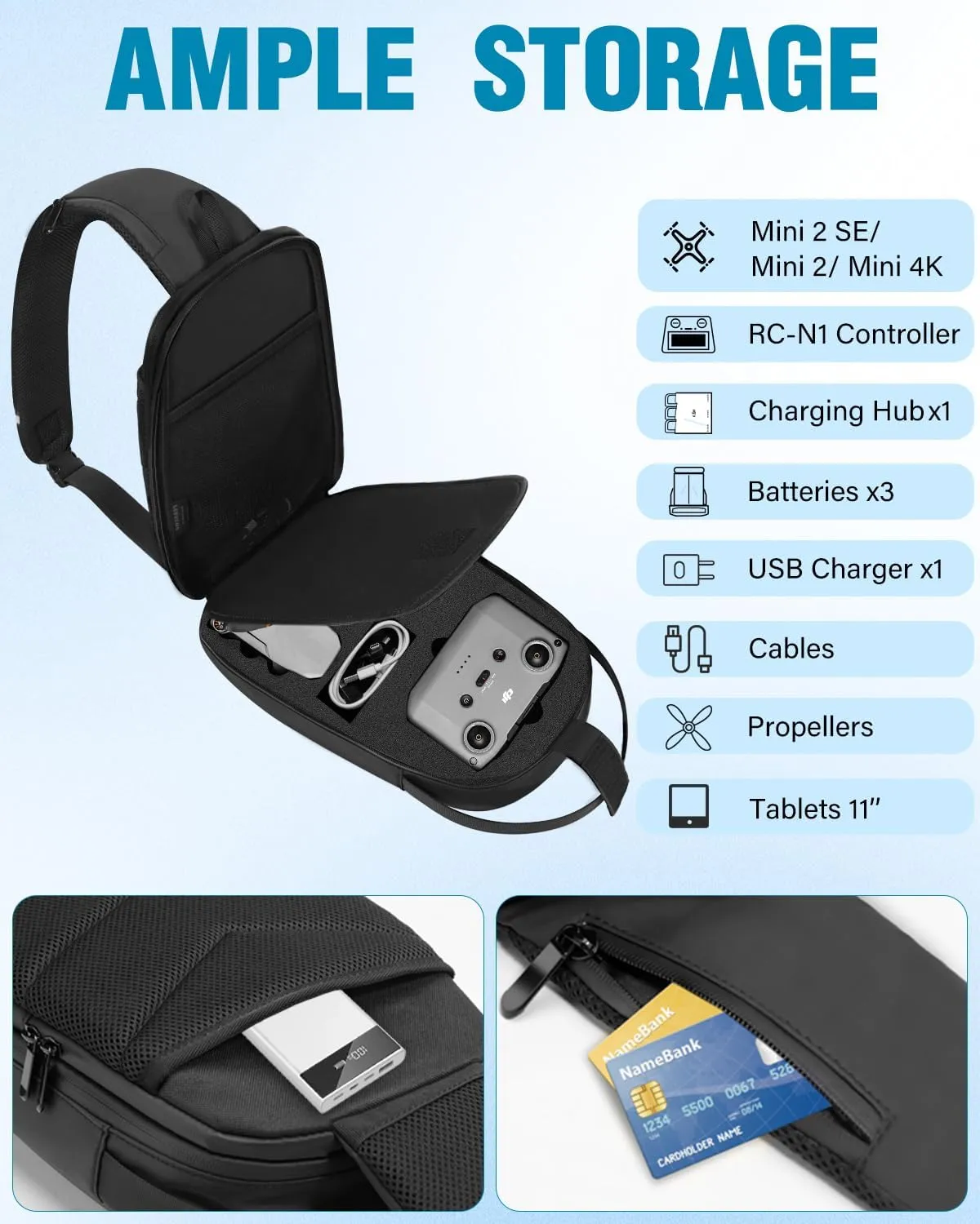 Mini 4K Case, Portable Mini 2 SE Backpack Compatible with DJI RC N1 Controller, Travel Drone Bag for Charging Hub and 3 Batteries, Waterproof RC N1 Carrying Case for DJI Drone Accessories