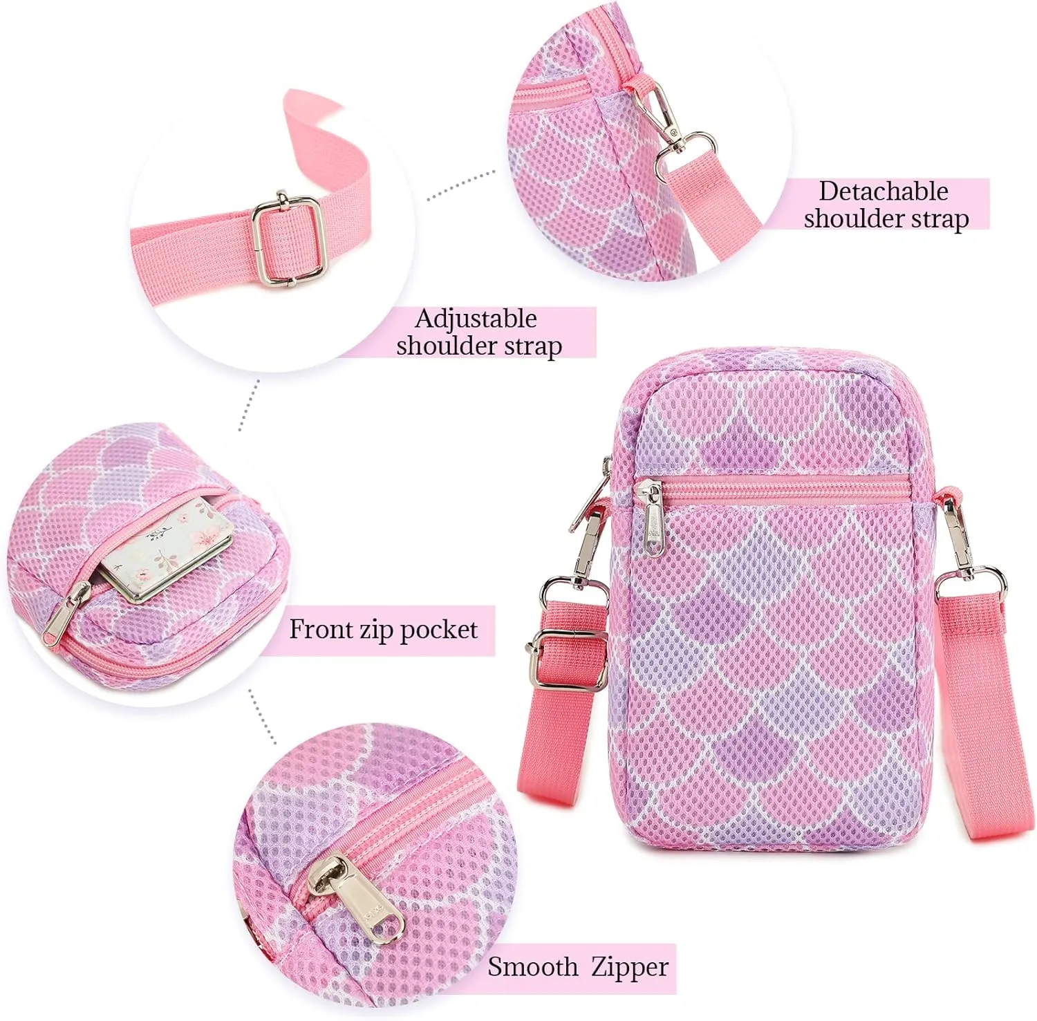 MIRLEWAIY Mini Shoulder Bag Mesh Crossbody Multifunction Phone Wallet Case Pouch Waist Bag with Adjustable Strap