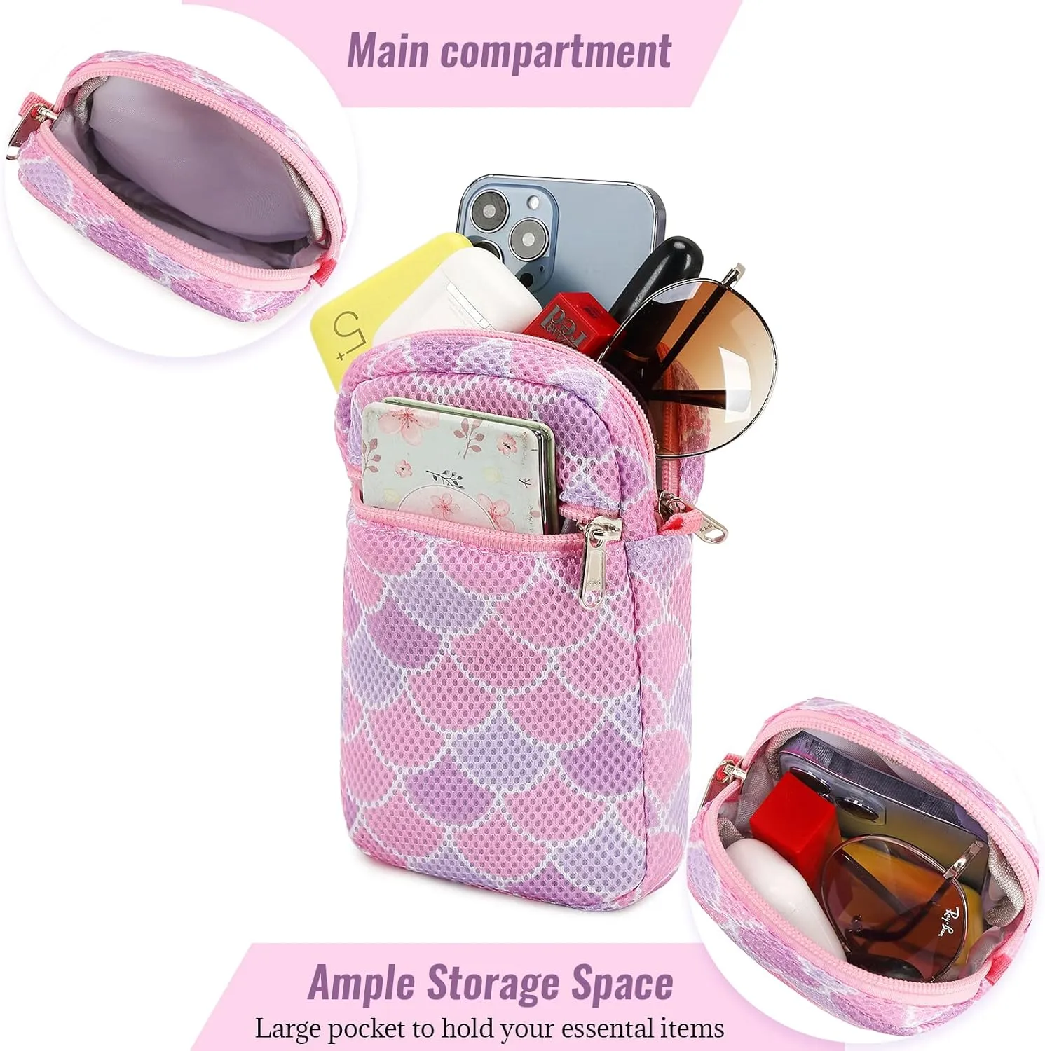 MIRLEWAIY Mini Shoulder Bag Mesh Crossbody Multifunction Phone Wallet Case Pouch Waist Bag with Adjustable Strap