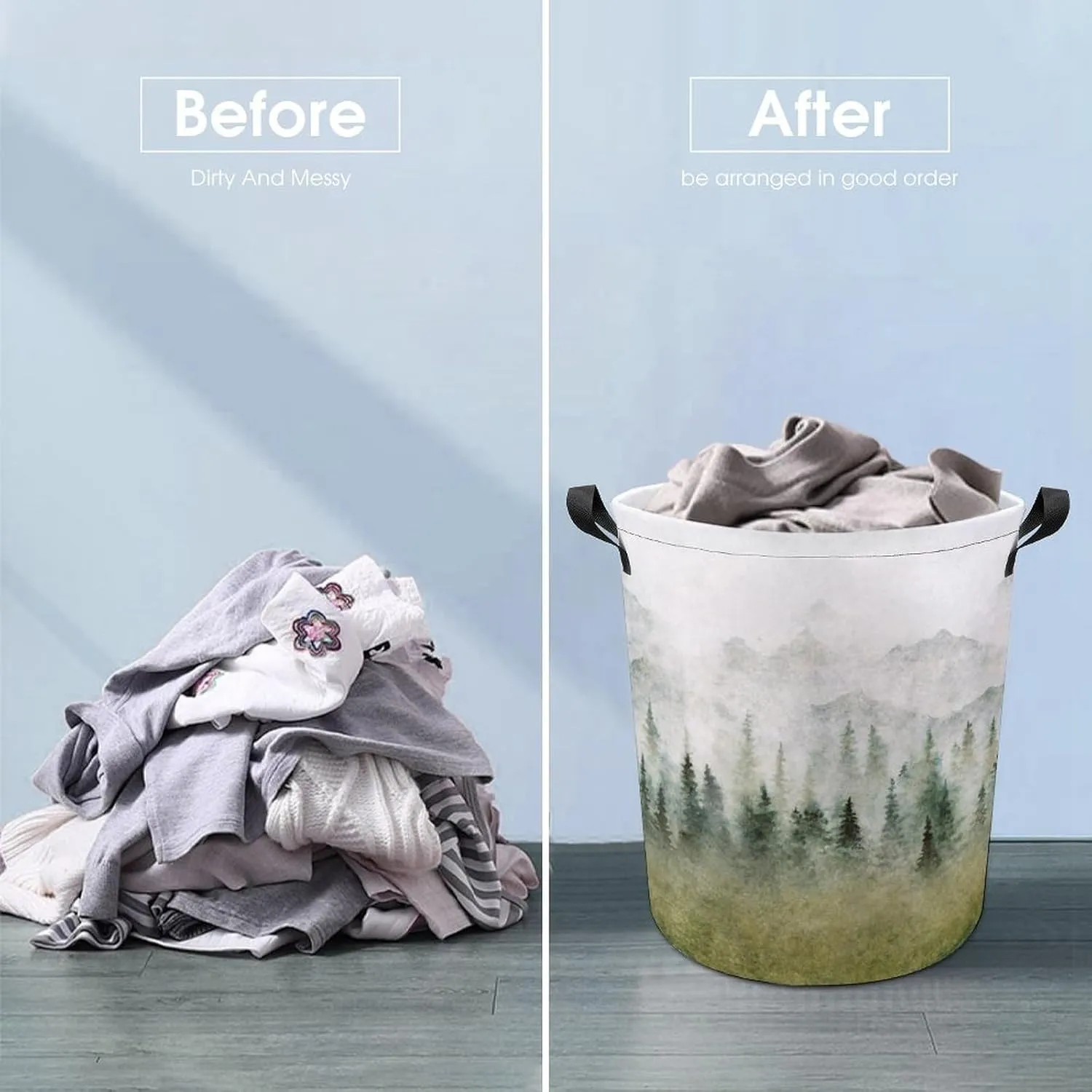 Misty Forest Laundry Basket,Retro Foggy Mountain Green Forest Tree Woodland Misty Cloudy Nature Landscape Laundry Clothes Hamper for Dorm Bathroom Bedroom Clothing Clothes Toys