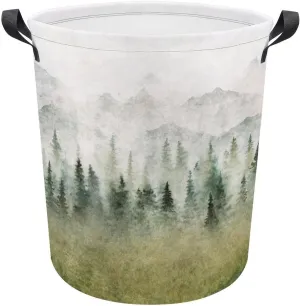 Misty Forest Laundry Basket,Retro Foggy Mountain Green Forest Tree Woodland Misty Cloudy Nature Landscape Laundry Clothes Hamper for Dorm Bathroom Bedroom Clothing Clothes Toys
