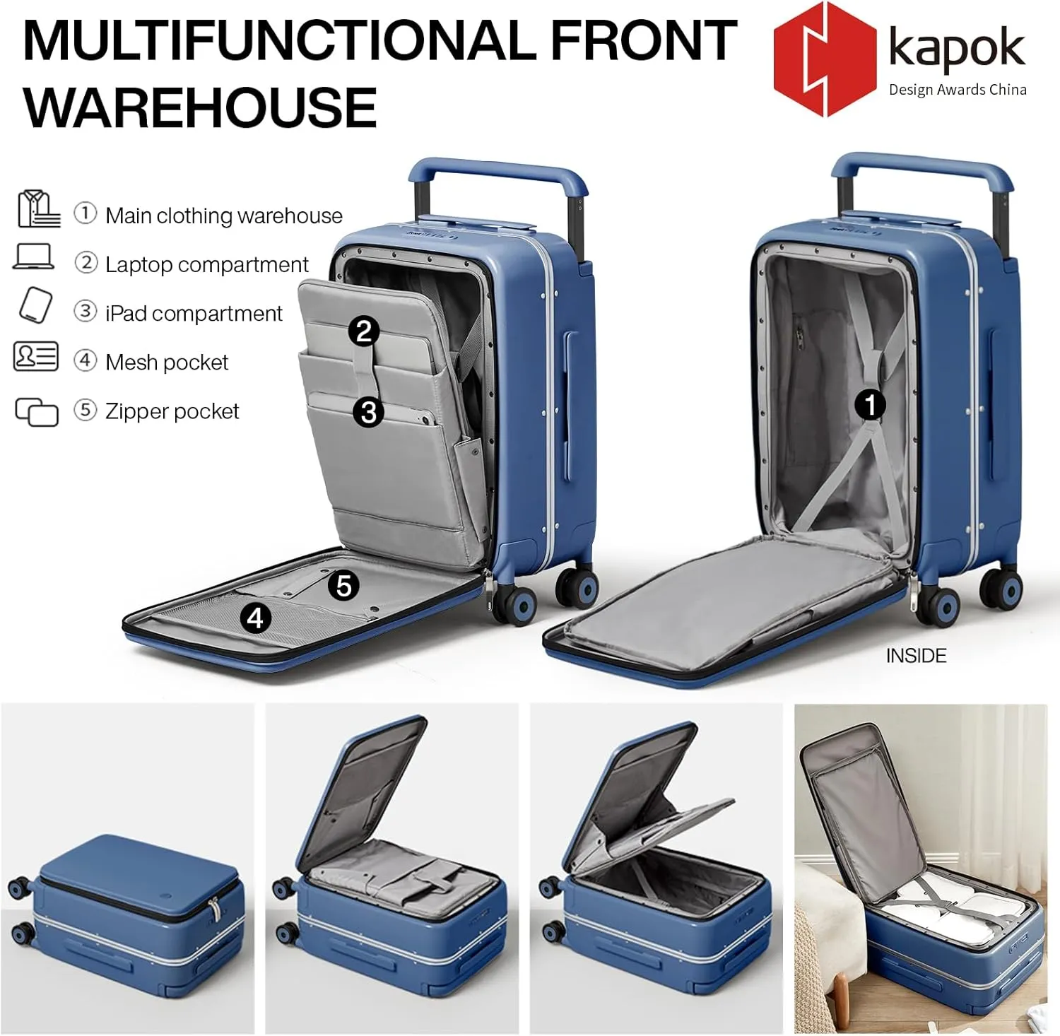 mixi Carry On Luggage Wide Handle Luxury Design Rolling Travel Suitcase PC Hardside with Aluminum Frame Hollow Spinner Wheels, with Cover, 20 inch, Sapphire Blue