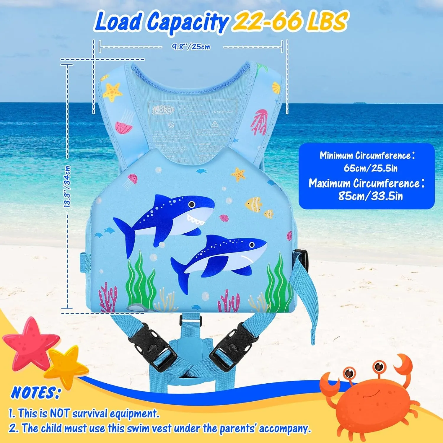 MoKo Swim Vest for Kids - Swim Floats Jacket for 2-3-4-5-6 Years (22-30-50-66LBS), Toddler Floaties Beach Accessory,Kids Pool Floats Vest with Adjustable Crotch Strap