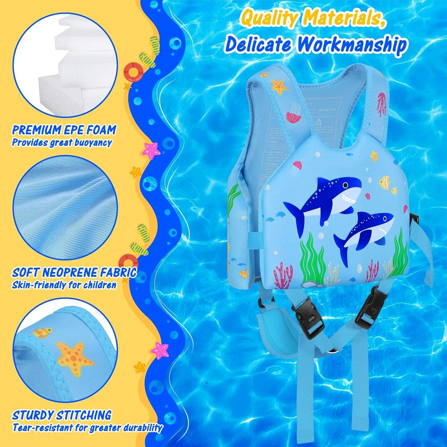 MoKo Swim Vest for Kids - Swim Floats Jacket for 2-3-4-5-6 Years (22-30-50-66LBS), Toddler Floaties Beach Accessory,Kids Pool Floats Vest with Adjustable Crotch Strap