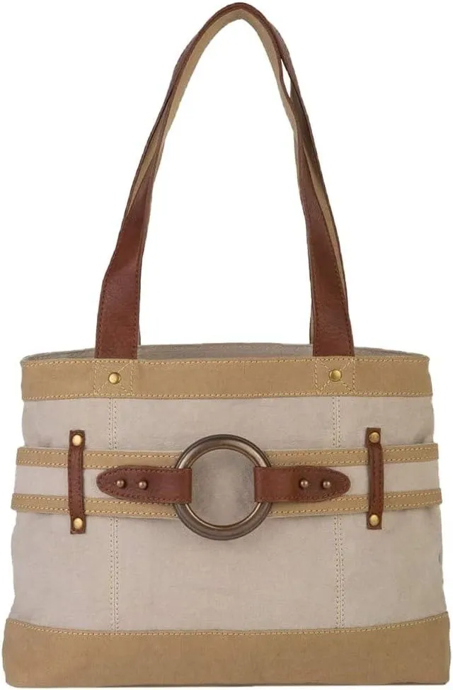 Mona B. Rowen Upcycled Canvas Shoulder Bag and Oakley Crossbody with Vegan Leather Trim (Rowen- Shoulder Bag Natural)