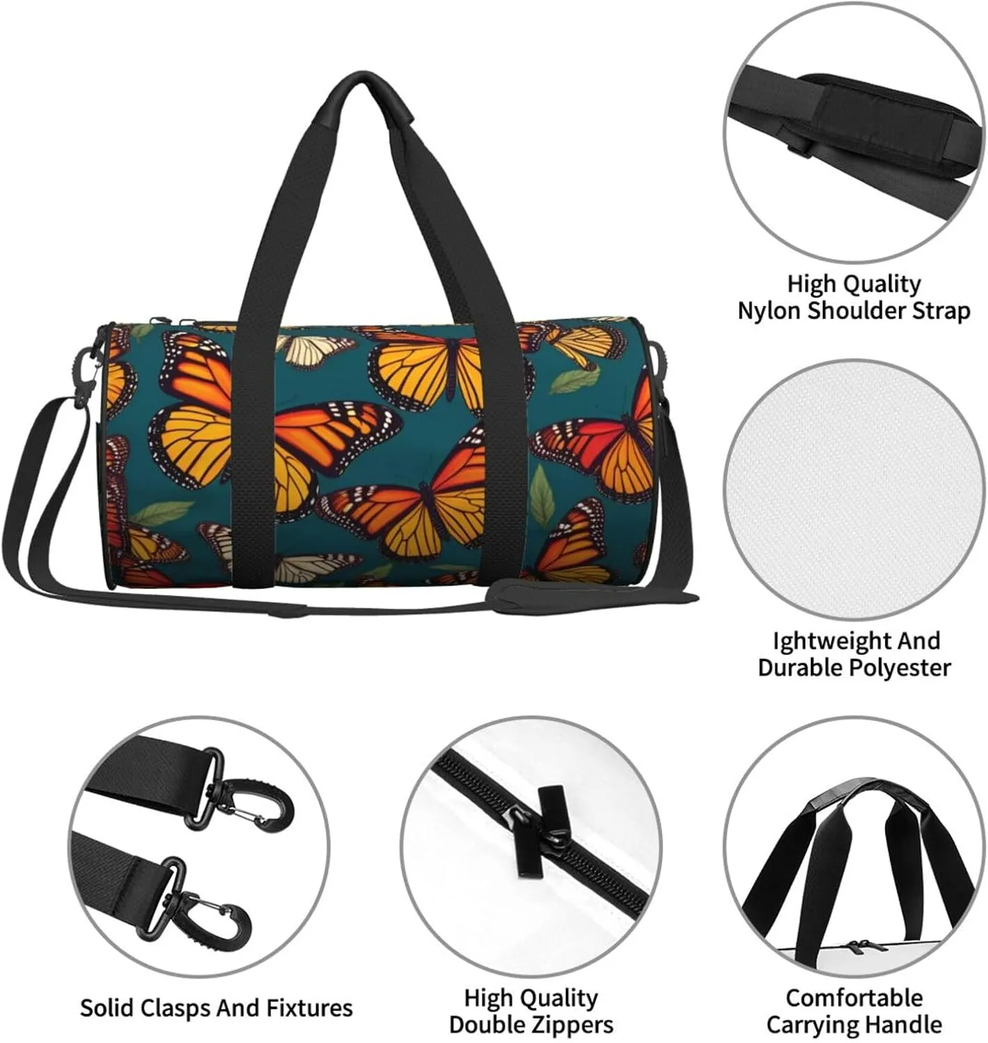Monarch Butterflies Printed Travel Bag,Round Personal Item Storage bag,Foldie Duffel Bag for Traveling Vacation,Fitness,Sports