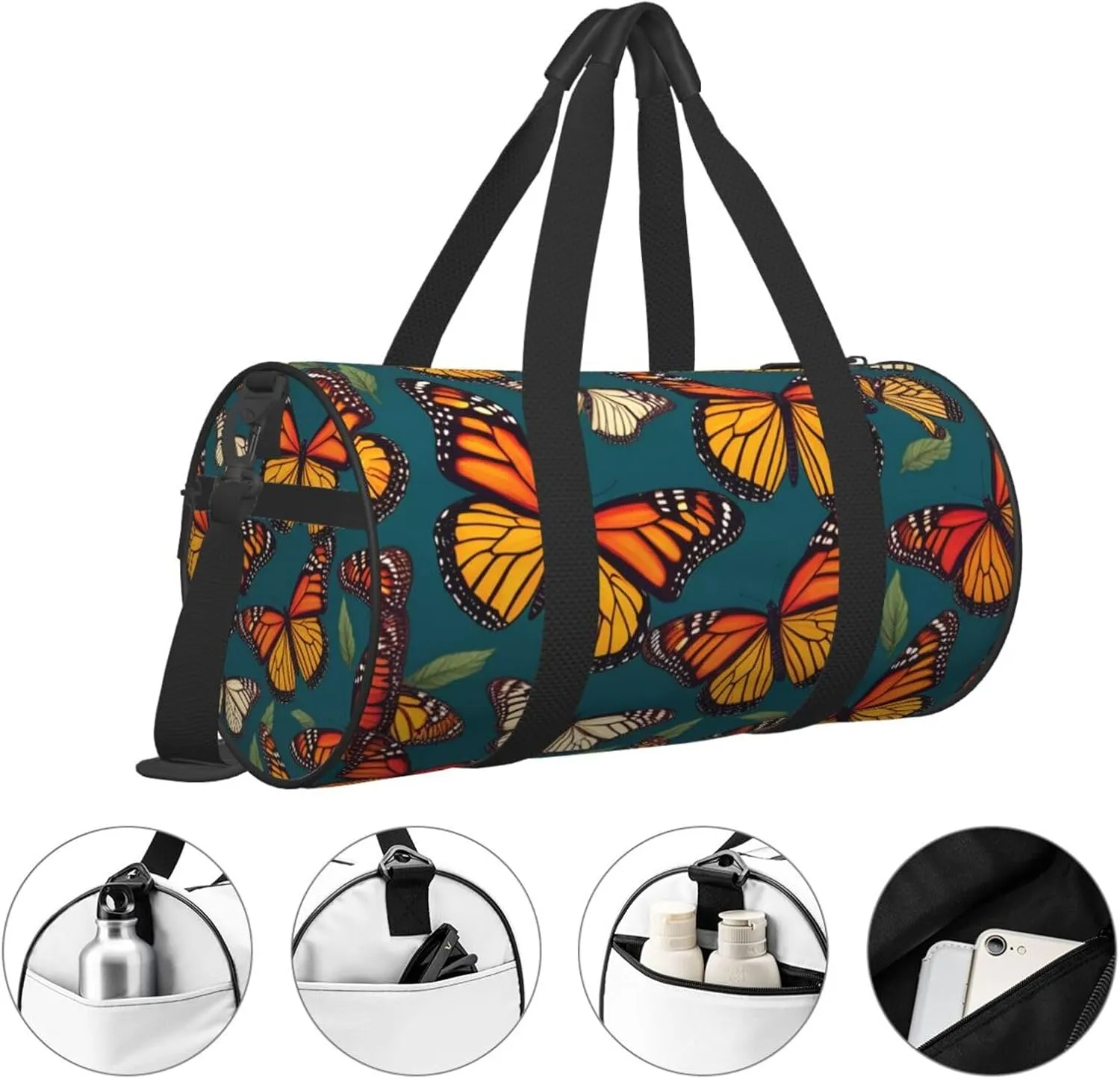 Monarch Butterflies Printed Travel Bag,Round Personal Item Storage bag,Foldie Duffel Bag for Traveling Vacation,Fitness,Sports