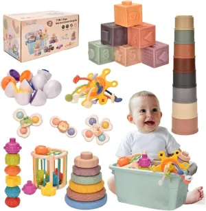 Montessoriii Toys for 1 Year Old,Baby Toys 6-12 Months,Stacking Building Blocks & Soft Infant Teething & Matching Eggs for Toddlers 6-9-12 Months,Baby Boys&Girls Gifts(7 in 1)