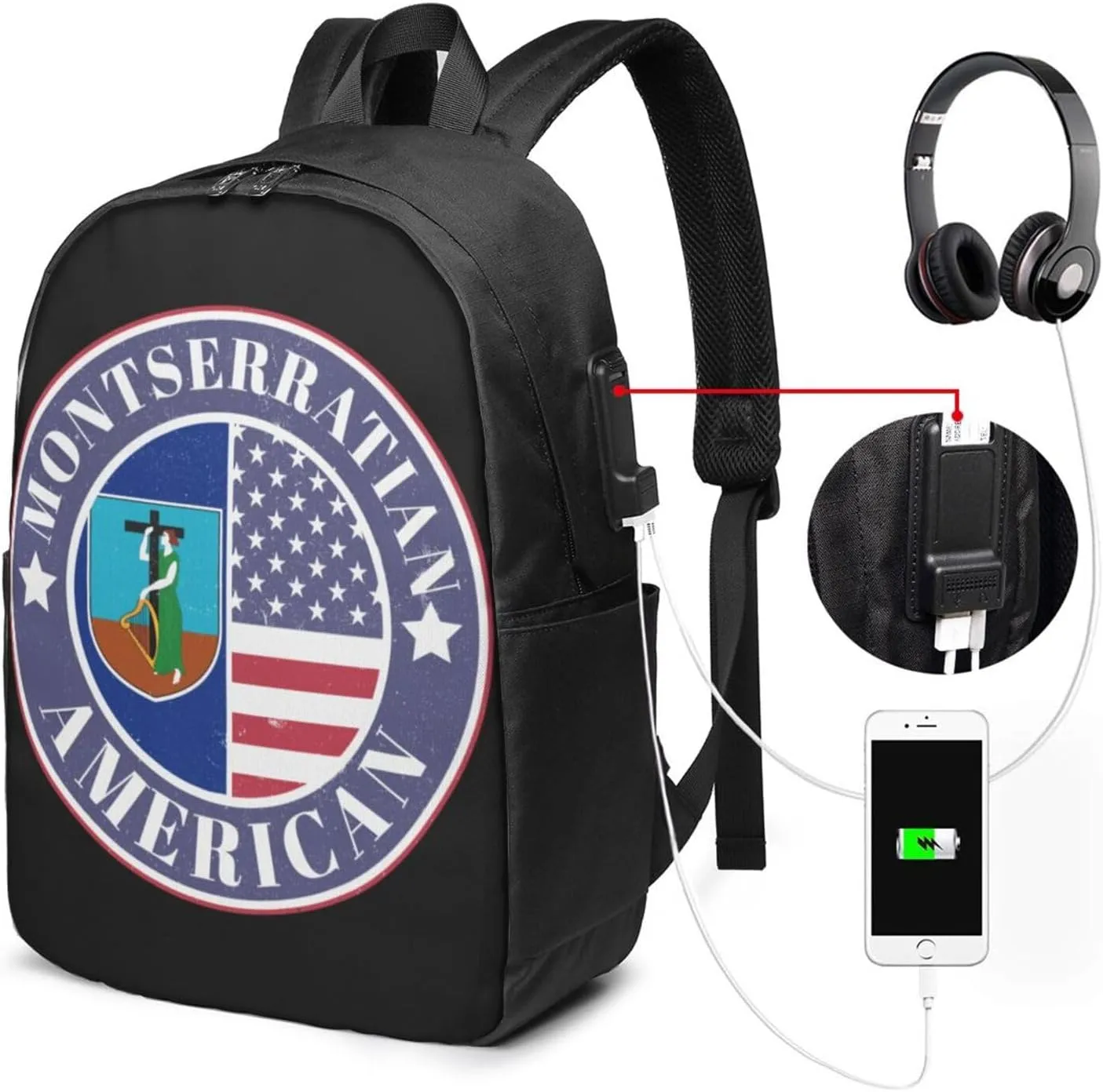 Montserratian American Badge Montserrat Flag Laptop Backpacks Travel Backpack Casual Business Daypack Sport Rucksack Computer Bag Fits up to 17 Inch Notebook with USB Port