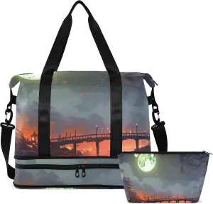 Moonlit Bridge Gym Bag for Women & Men,Duffel Bag with Shoe Pocket,Weekender Overnight Bag with Trolley Sleeve for Travel 21216398
