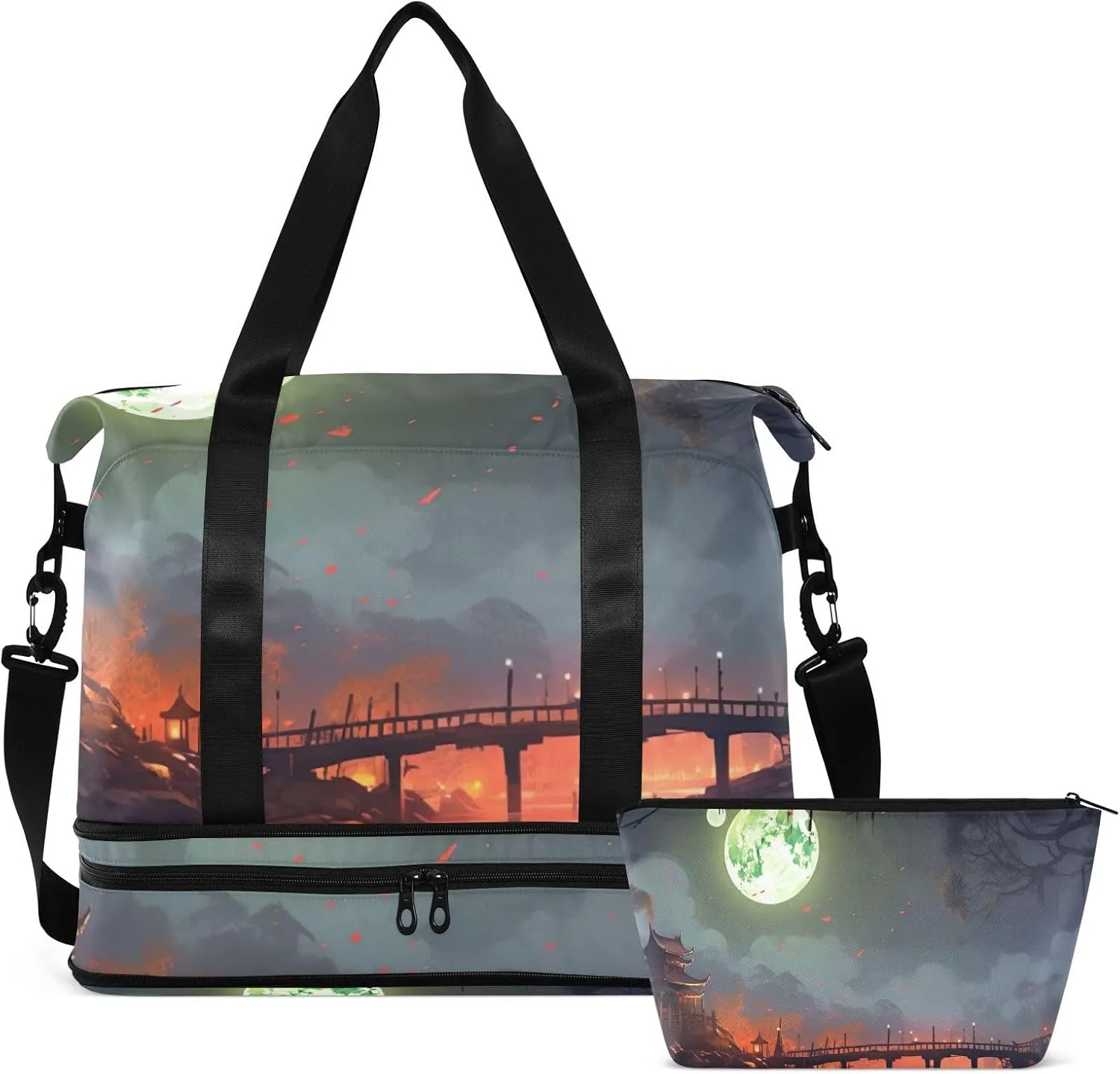 Moonlit Bridge Gym Bag for Women & Men,Duffel Bag with Shoe Pocket,Weekender Overnight Bag with Trolley Sleeve for Travel 21216398
