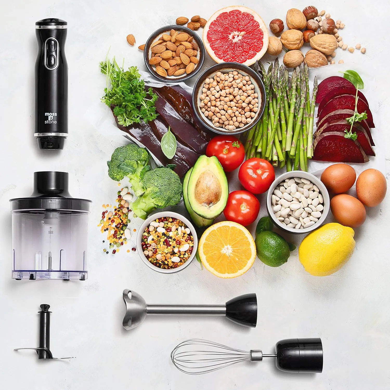 Moss & Stone Hand Blender Electric With Egg Whisk & Chopper, Powerful 300 Watt Immersion Hand Blender Set, Hand Mixer Set Stainless Steel Shaft & Blades, Black Handheld Blender With Ergonomic Handle