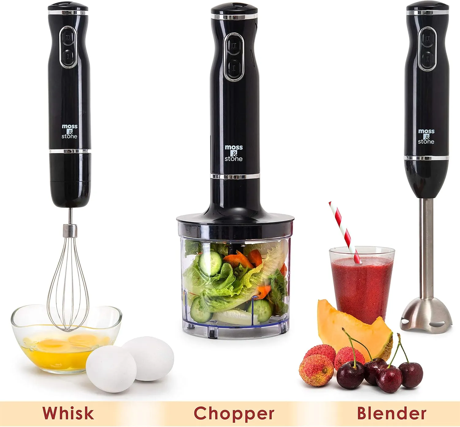 Moss & Stone Hand Blender Electric With Egg Whisk & Chopper, Powerful 300 Watt Immersion Hand Blender Set, Hand Mixer Set Stainless Steel Shaft & Blades, Black Handheld Blender With Ergonomic Handle