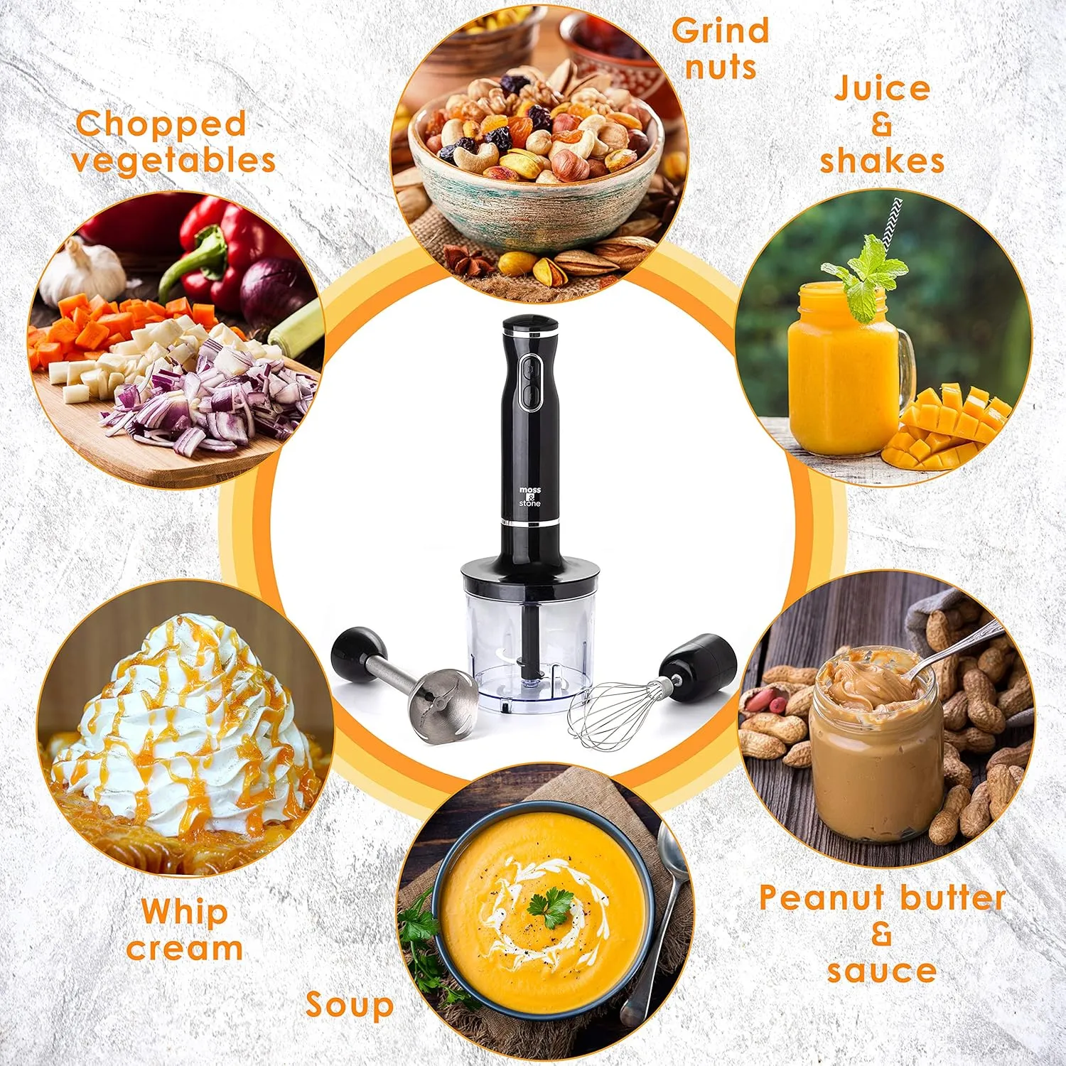 Moss & Stone Hand Blender Electric With Egg Whisk & Chopper, Powerful 300 Watt Immersion Hand Blender Set, Hand Mixer Set Stainless Steel Shaft & Blades, Black Handheld Blender With Ergonomic Handle