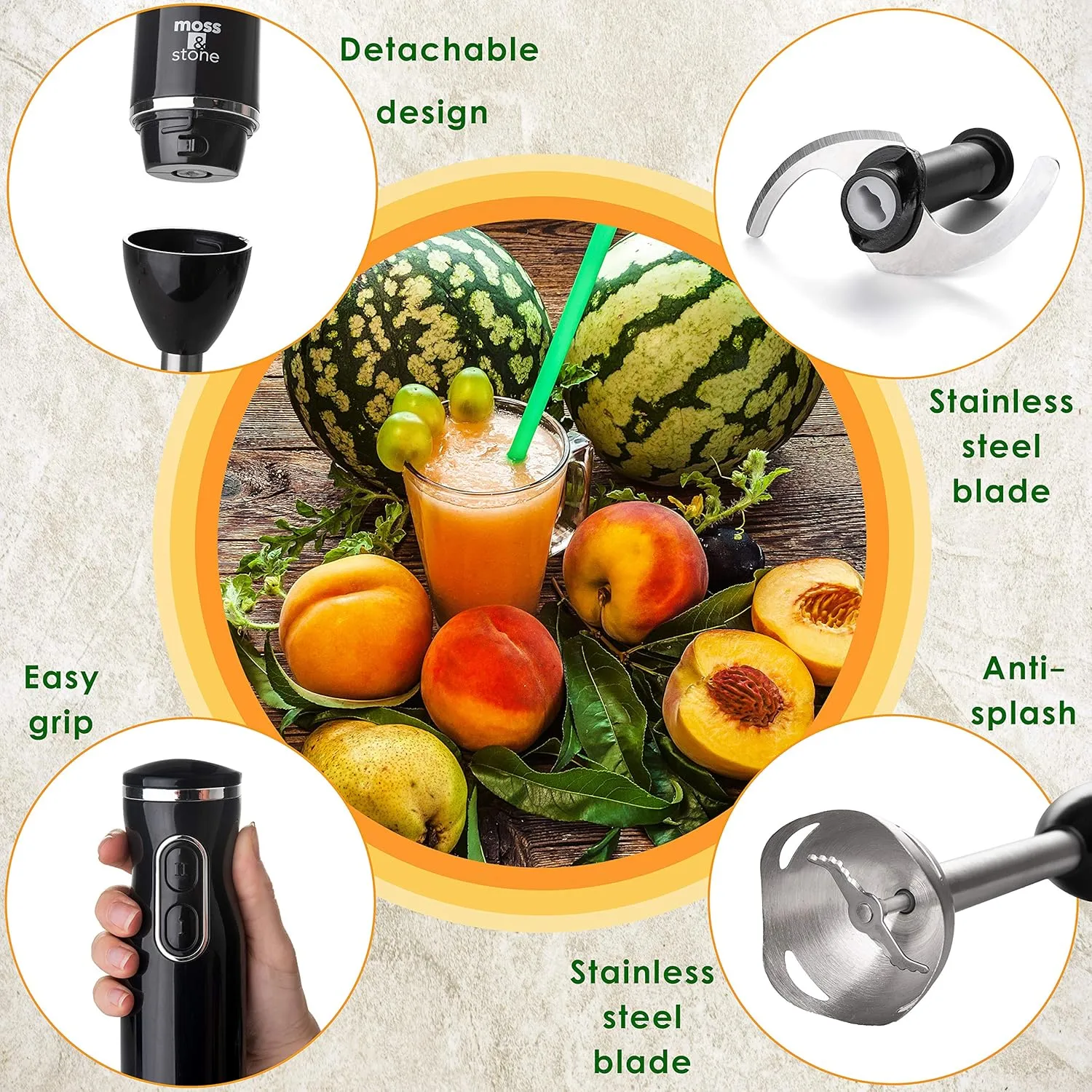 Moss & Stone Hand Blender Electric With Egg Whisk & Chopper, Powerful 300 Watt Immersion Hand Blender Set, Hand Mixer Set Stainless Steel Shaft & Blades, Black Handheld Blender With Ergonomic Handle