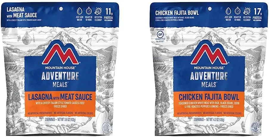 Mountain House Lasagna and Chicken Fajita Bowl Freeze Dried Camping Meals (2 Servings Each)