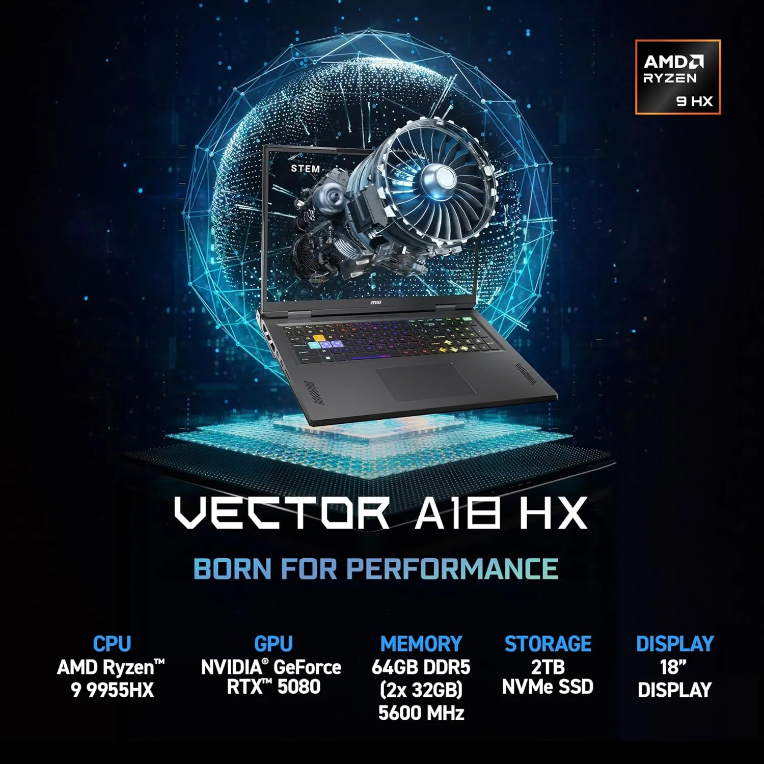 MSI Vector A18 HX 18” 240Hz QHD  Gaming Laptop: AMD Ryzen 9-9955HX, NVIDIA Geforce RTX 5080, 64GB DDR5, 2TB NVMe SSD, Type C, Wi-Fi 7, Win 11 Pro: Cosmo Gray A9WIG-076US