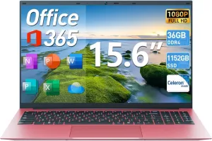 Naclud 15.6 Inch Laptops, Laptop Computers Students Business with 36GB RAM 128GB EMMC 1024GB SSD, Celeron N5095 Quad-Core(Up to 2.9GHz), 11 Home, WiFi 6, USB 3.2, HDMI, Type-C, 7000mAh Battery(Pink)