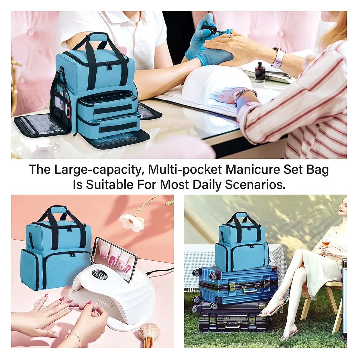Nail Polish Organizer 80 Bottles & Nail Lamp Large Capacity Storage with 2 Removable Pouches Store Women's Nail Art Tools Suit for Manicurists and Beauty Portable Travel Bag(Lake Green)