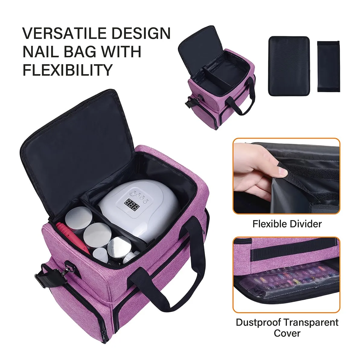 Nail Polish Organizer 80 Bottles & Nail Lamp Large Capacity Storage with 2 Removable Pouches Store Women's Nail Art Tools Suit for Manicurists and Beauty Portable Travel Bag(Purple)