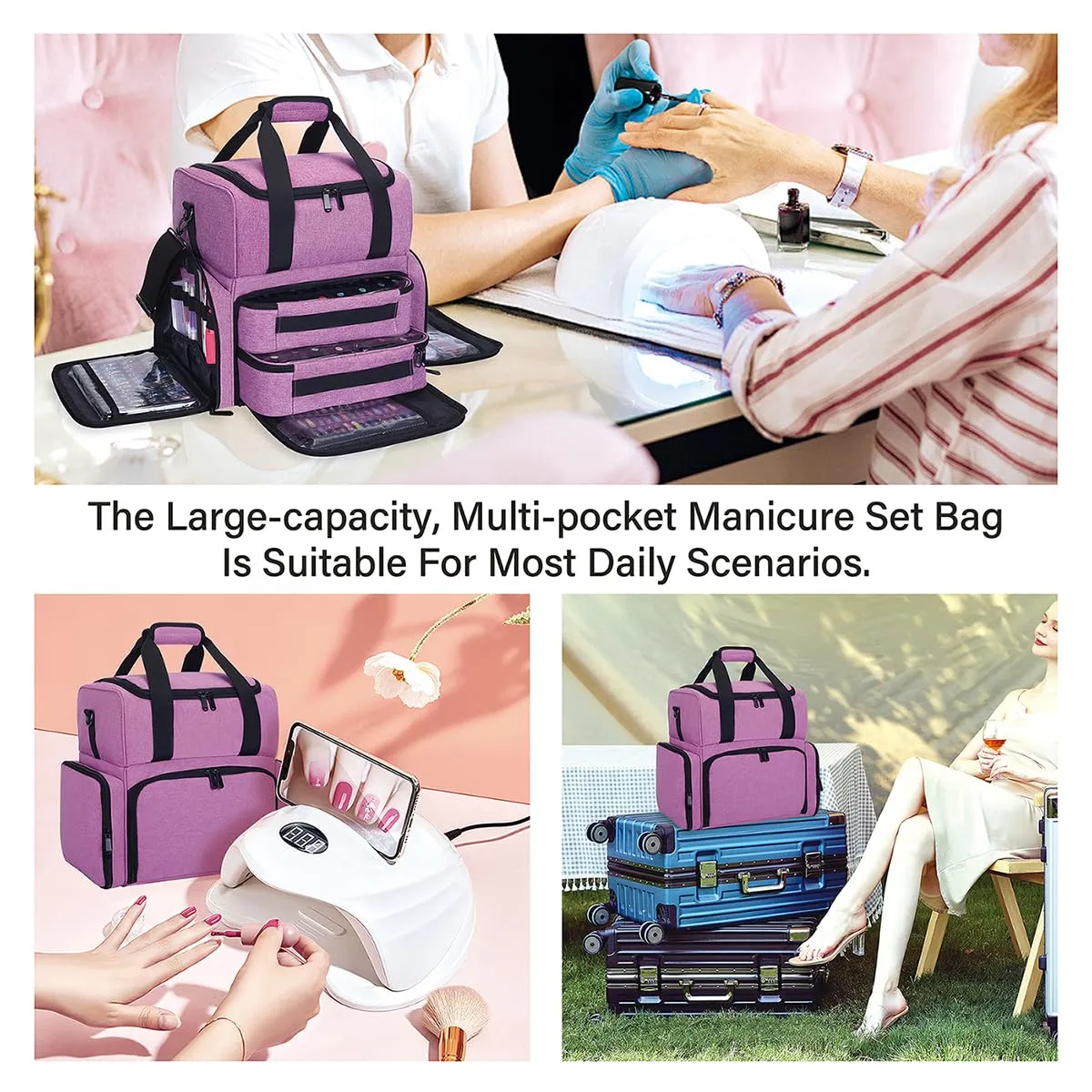 Nail Polish Organizer 80 Bottles & Nail Lamp Large Capacity Storage with 2 Removable Pouches Store Women's Nail Art Tools Suit for Manicurists and Beauty Portable Travel Bag(Purple)