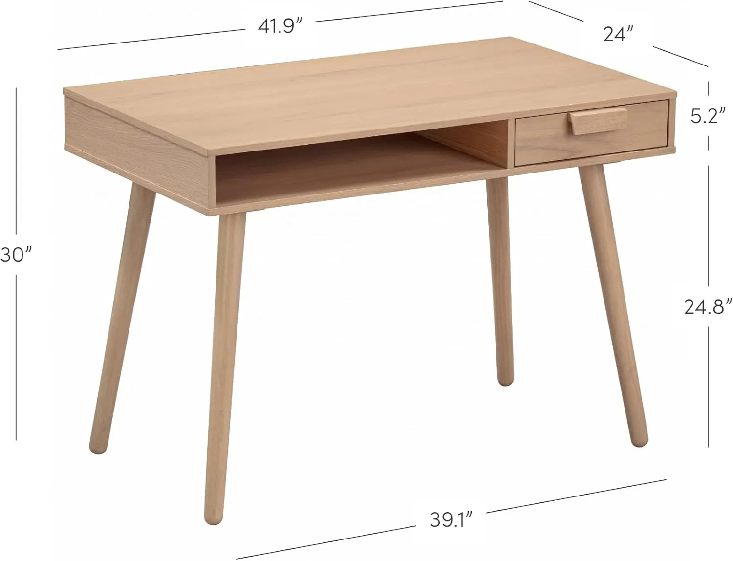 Nathan James Parker Mid Century Modern Desk, Small Desk with Drawer for Home Office or Bedroom with Solid Wood Legs, Raw Oak