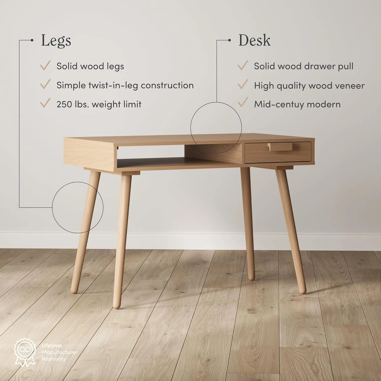 Nathan James Parker Mid Century Modern Desk, Small Desk with Drawer for Home Office or Bedroom with Solid Wood Legs, Raw Oak