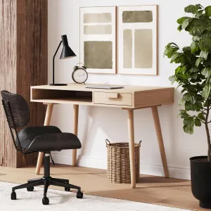 Nathan James Parker Mid Century Modern Desk, Small Desk with Drawer for Home Office or Bedroom with Solid Wood Legs, Raw Oak