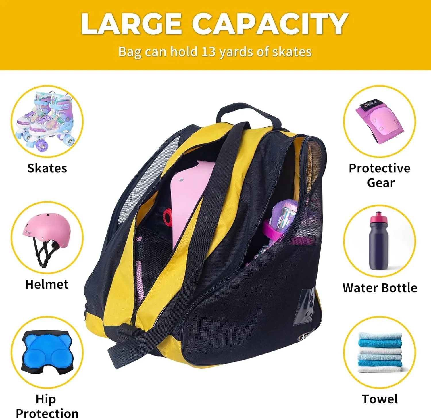 Nattork Roller Skate Bag - Oxford Cloth Ice Skate Bag with Large Capacity, Breathable Mesh, Side Pockets & Name Card Holder for Adults & Kids
