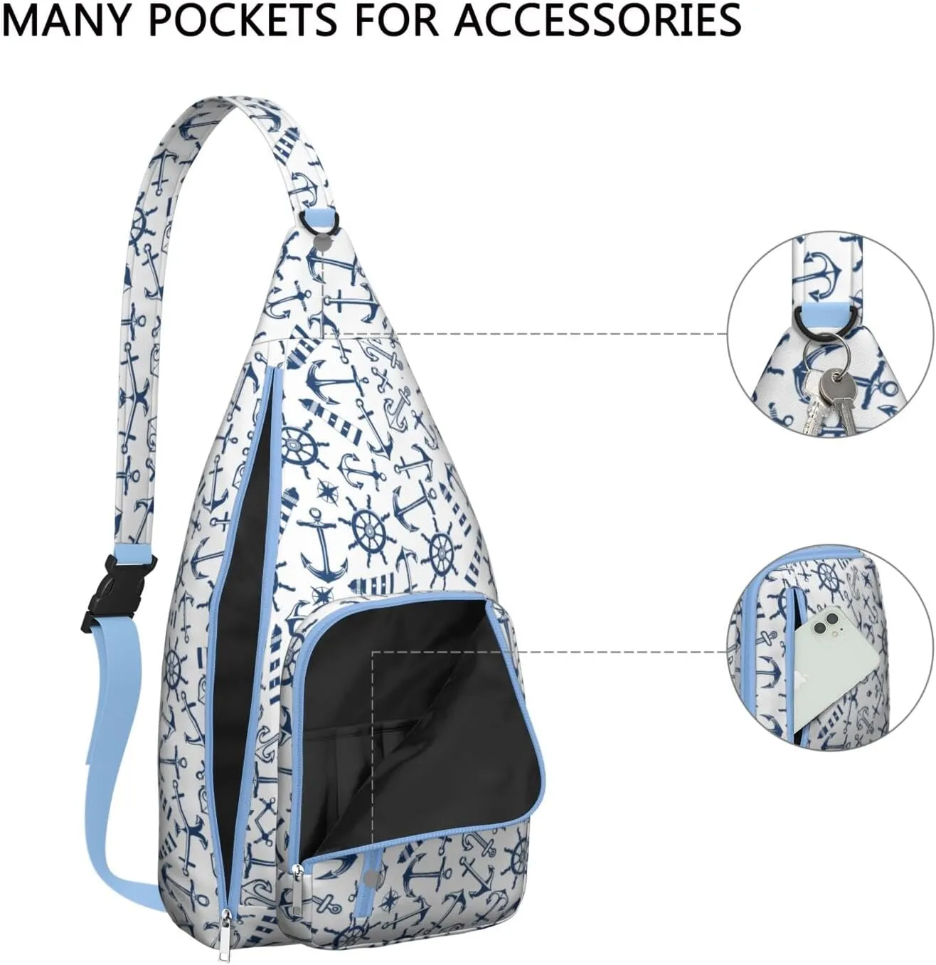 Nautical Boat Anchors Helm Lighthouses Crossbody Bag Daypack for Women Men Lightweight Waterproof Sling Bag Backpack Hiking Cycling