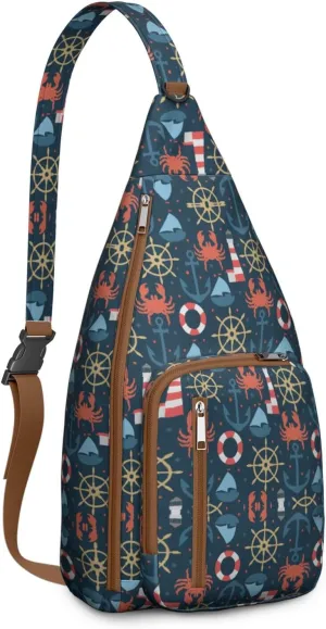 Navy Sea Lighthouse Crab Anchor Sailboat Crossbody Bag Daypack for Women Men Lightweight Waterproof Sling Bag Backpack Hiking Cycling