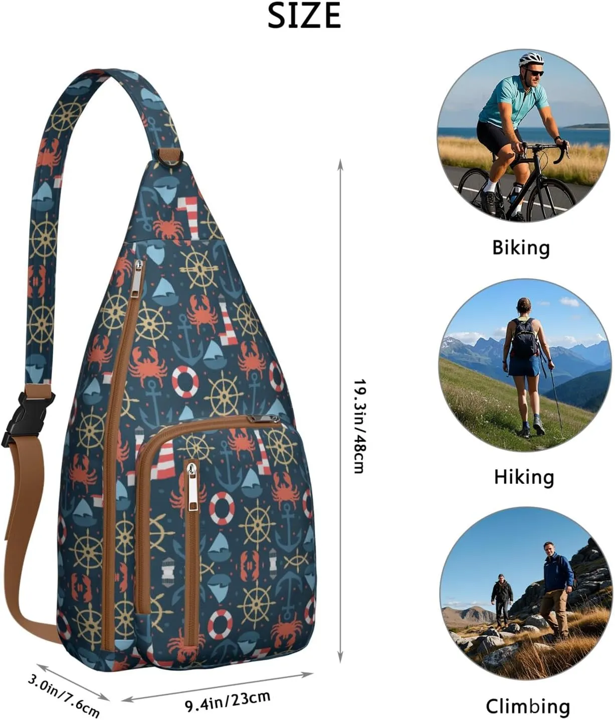 Navy Sea Lighthouse Crab Anchor Sailboat Crossbody Bag Daypack for Women Men Lightweight Waterproof Sling Bag Backpack Hiking Cycling