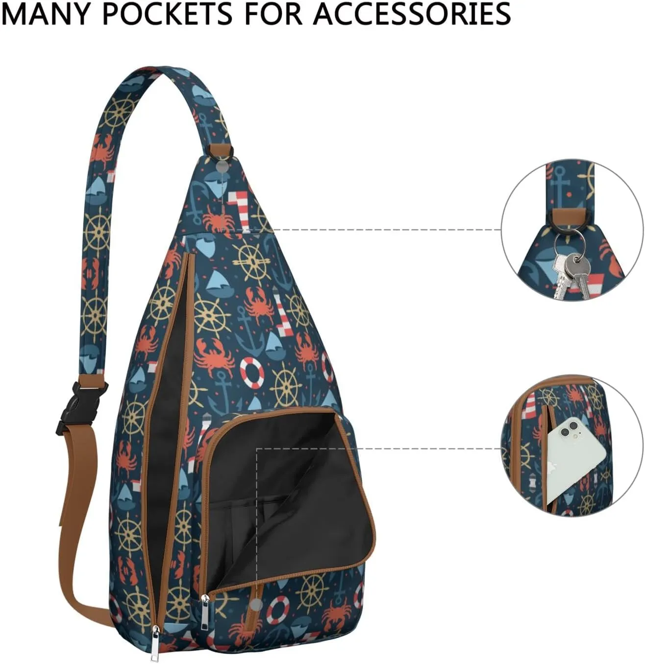 Navy Sea Lighthouse Crab Anchor Sailboat Crossbody Bag Daypack for Women Men Lightweight Waterproof Sling Bag Backpack Hiking Cycling