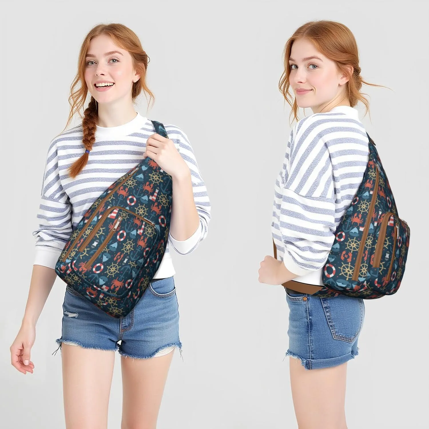 Navy Sea Lighthouse Crab Anchor Sailboat Crossbody Bag Daypack for Women Men Lightweight Waterproof Sling Bag Backpack Hiking Cycling