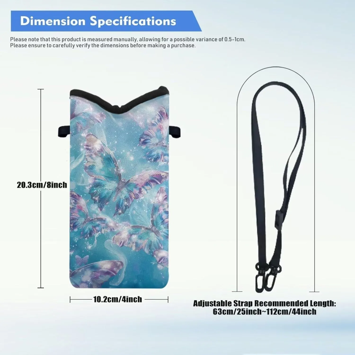 Neoprene Cellphone Crossbody Bag Shockproof Phone Bag Waterproof Phone Carry Pouch with Crossbody Strap for Cellphone, Keys, Lipstick, Cashes, Glittering Butterfly Print Blue