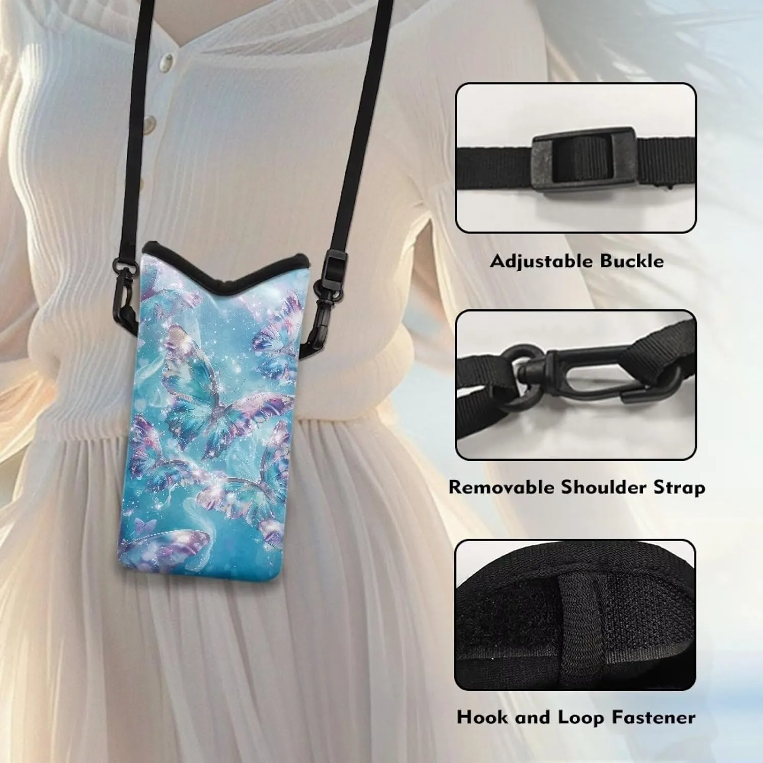 Neoprene Cellphone Crossbody Bag Shockproof Phone Bag Waterproof Phone Carry Pouch with Crossbody Strap for Cellphone, Keys, Lipstick, Cashes, Glittering Butterfly Print Blue